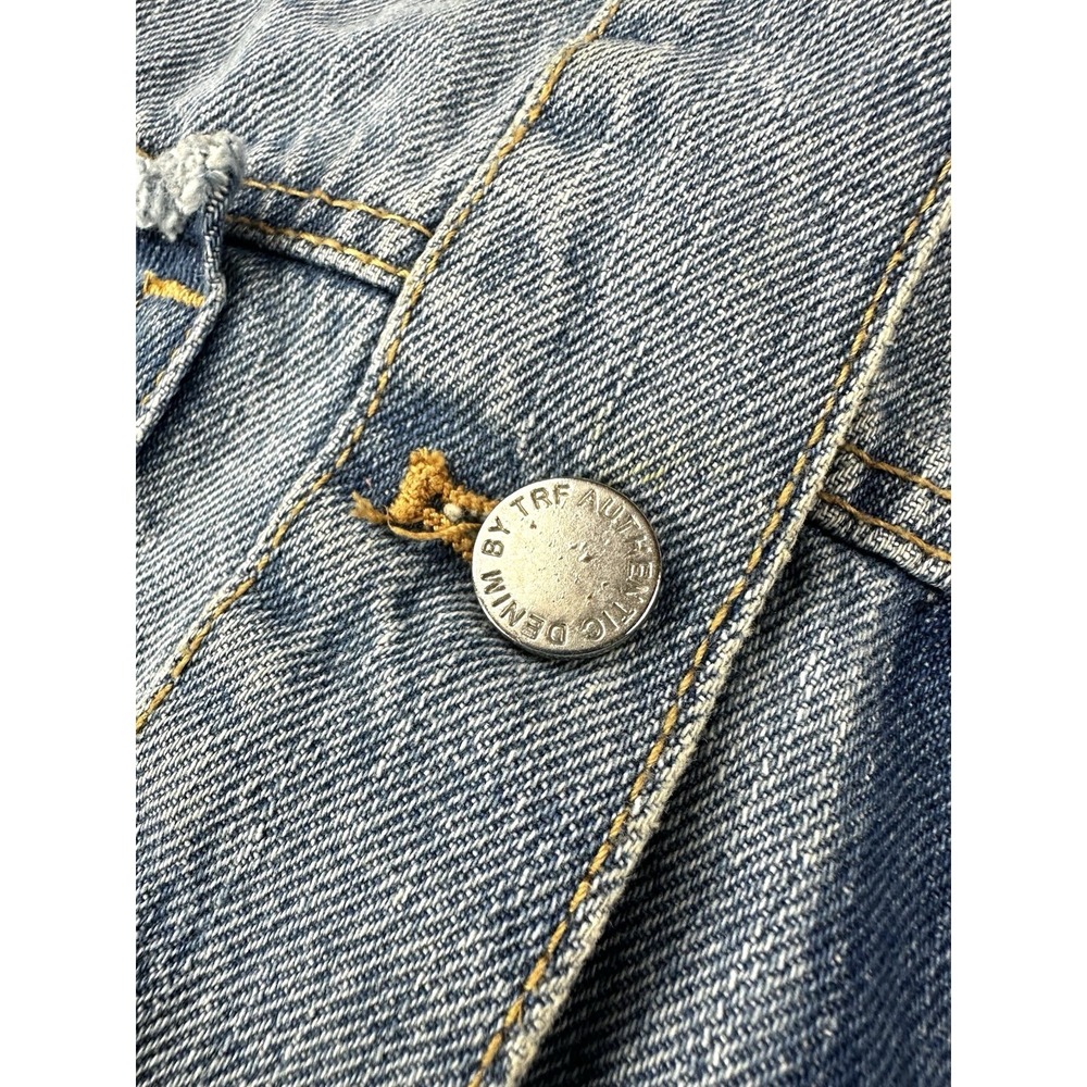 ZARA Jean Jacket Womens Medium Denim Cropped Grunge Collarless Raw Hem - Picture 3 of 10